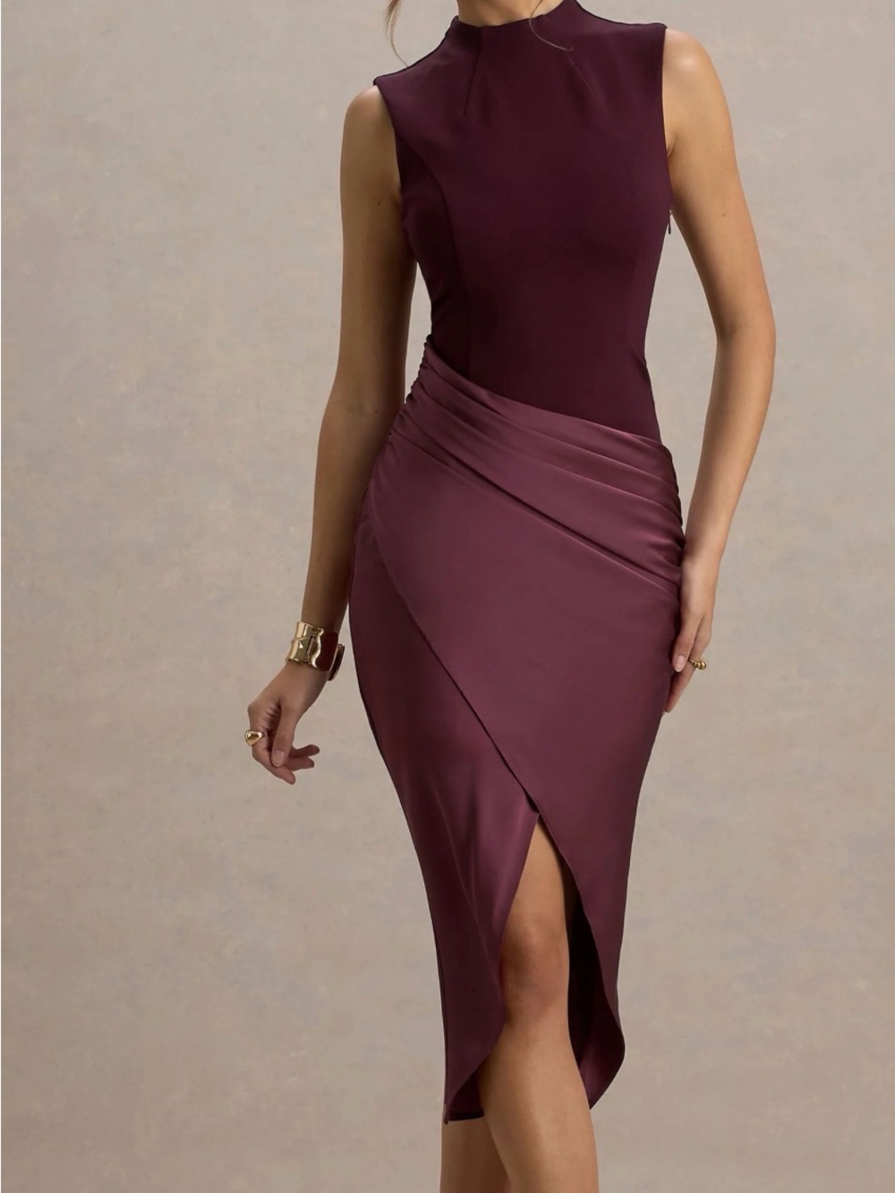 Mock Neck Draped Midi Dress in Plum